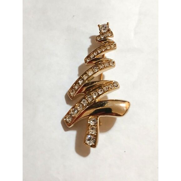 2" Monet Gold Tone Christmas Tree Brooch Pin Spiral Design Vintage Holiday - Picture 1 of 2